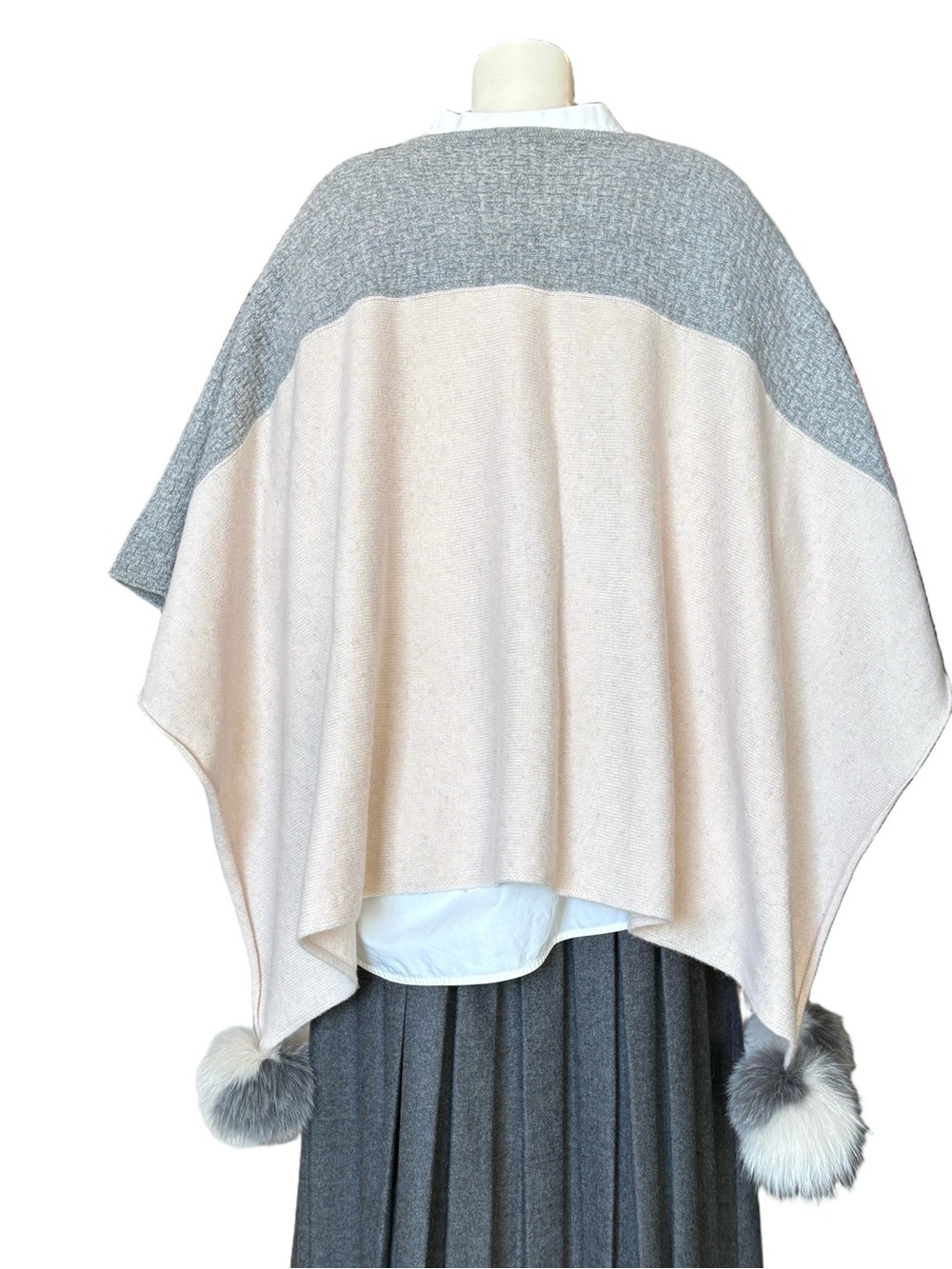 Mitchie's 100% Wool Colour Block Poncho with Real Fox Fur Pom Poms OS Cream Gray - Picture 3 of 6